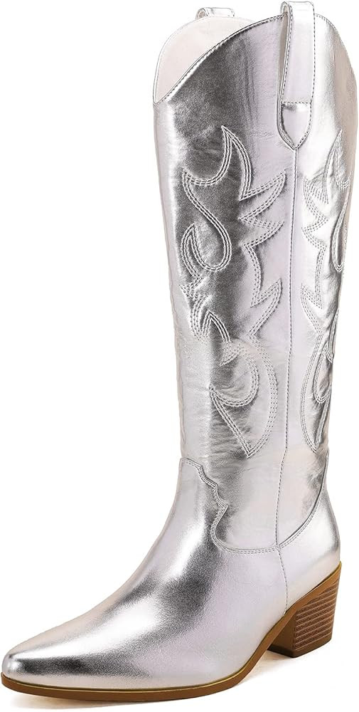 STALOV Embroidered Cowboy Boots for Women, Fashion Western Pointed Toe Chunky Heel Pull-On Knee H... | Amazon (US)