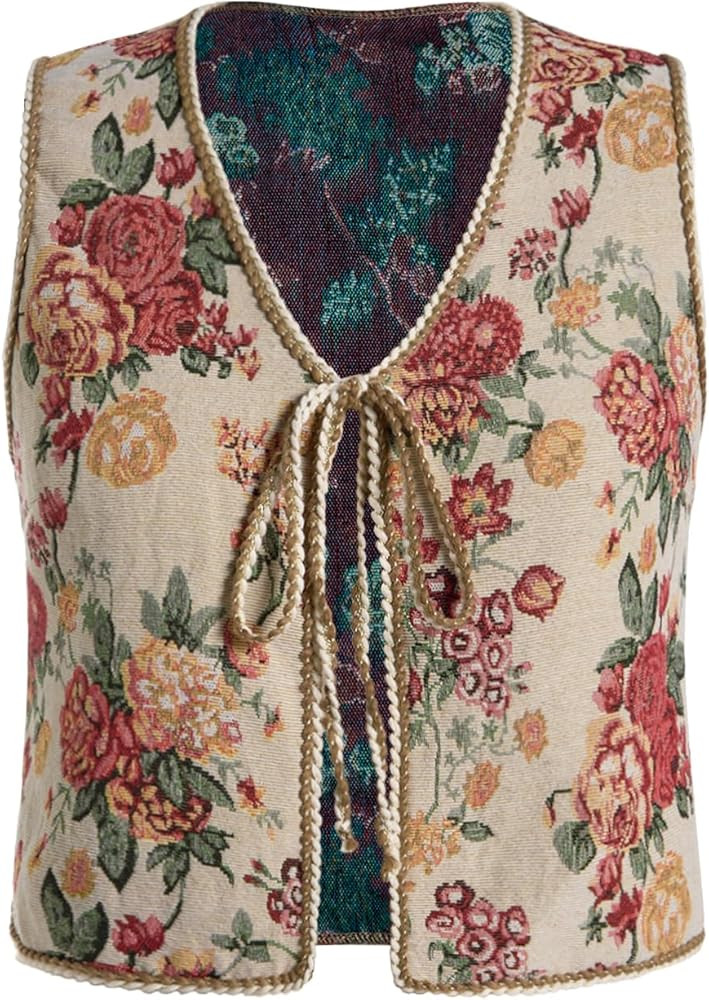 SweatyRocks Women's Floral Embroidered Tie Front Crop Vest Tops Boho Country Concert Cowgirl West... | Amazon (US)