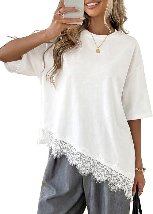 LOLONG Women Casual Crew Neck Half Sleeve Shirt Asymmetrical Lace Hem Tops | Amazon (US)