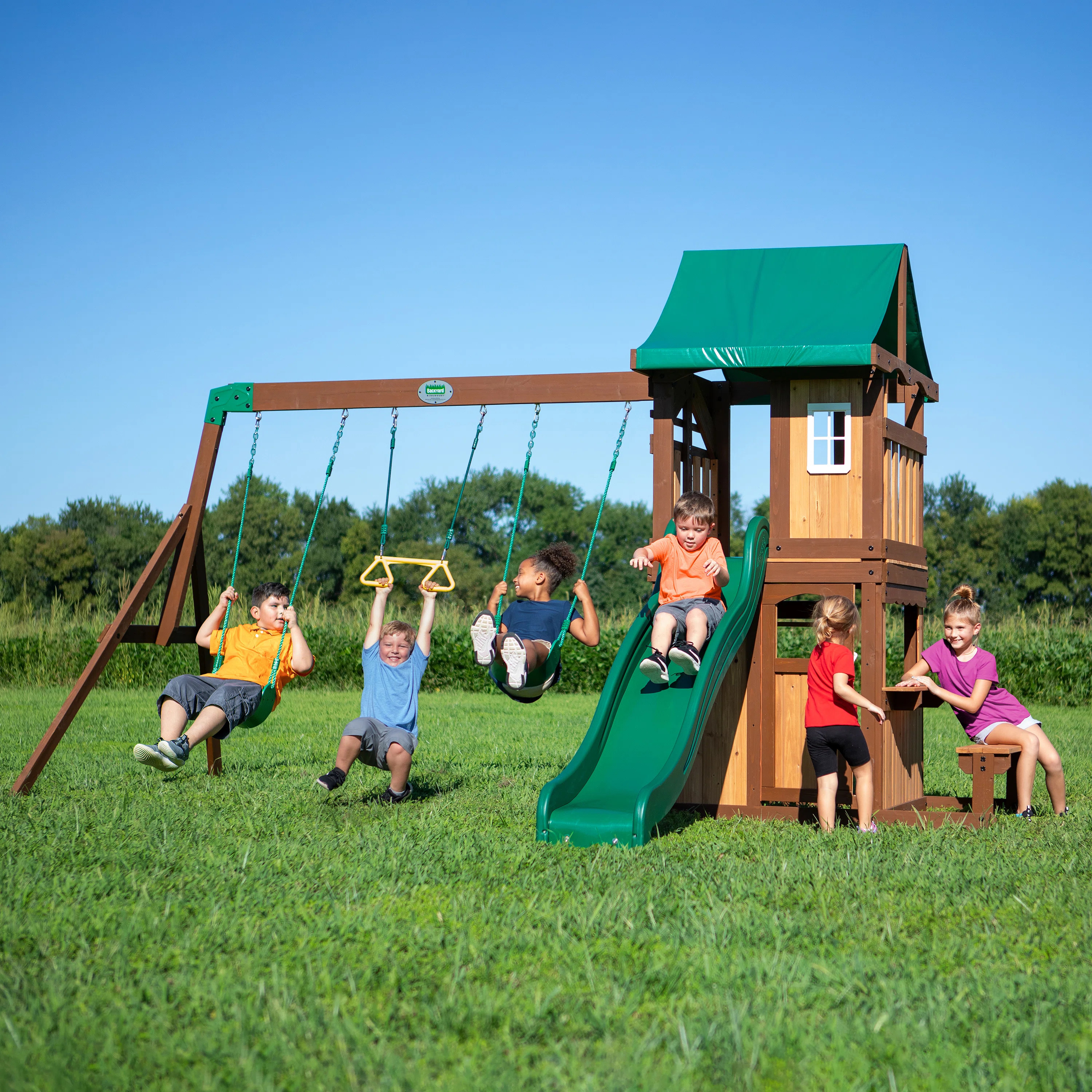Backyard Discovery Lakewood Cedar Wooden Swing Set with 3 x Swings and 1 x Slide | Wayfair UK