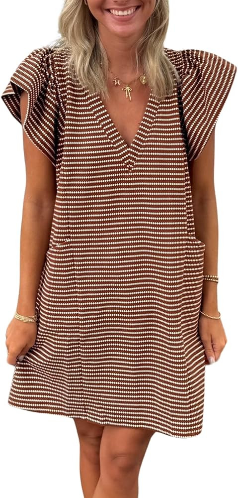 Striped V-Neck Mini Dress for Women Puff Sleeve Casual Dress with Pockets, Comfortable & Stylish ... | Amazon (US)