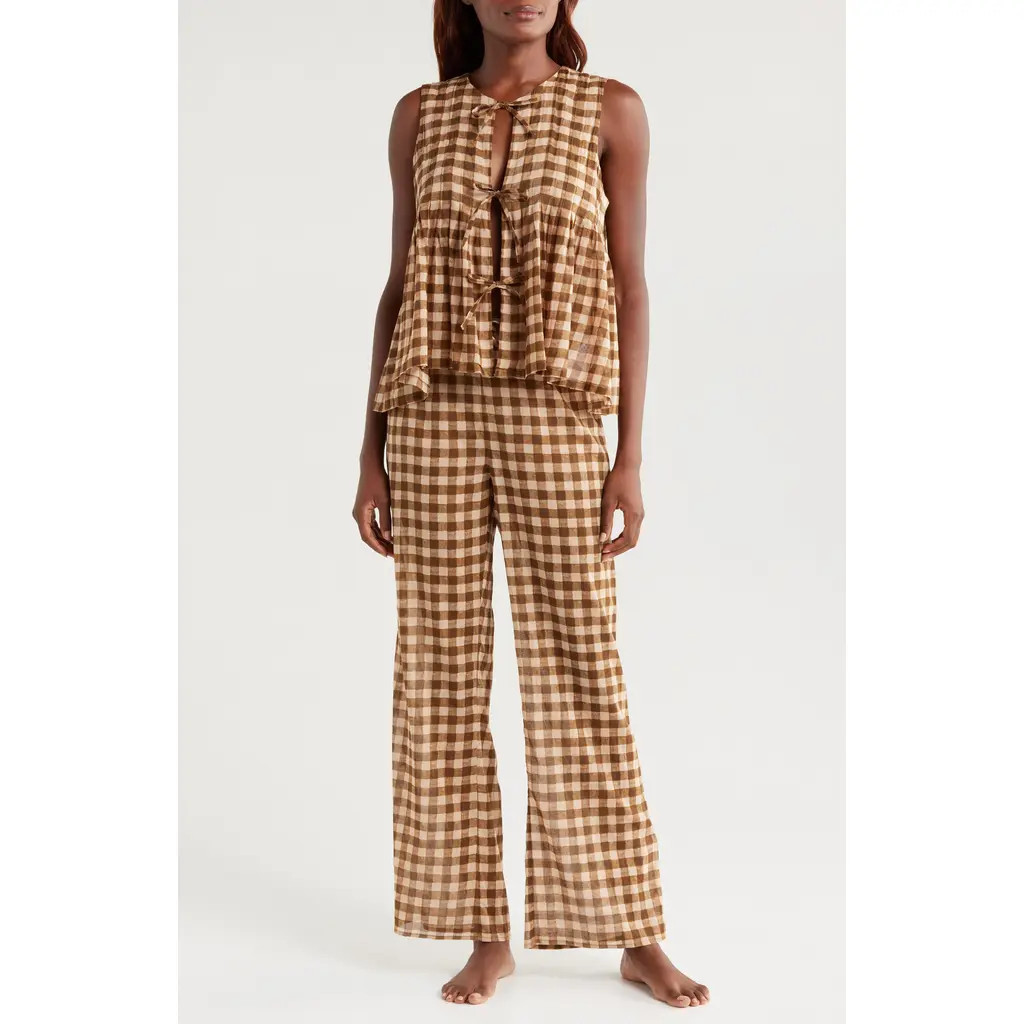 Desmond & Dempsey Pleat Cotton Sleeveless Pajamas in Gingham 50's Voile Brown/cream at Nordstrom, Size Small | Nordstrom