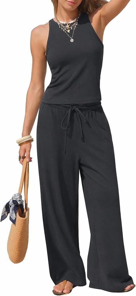 EXLURA Womens Cotton Summer 2 Piece Outfits Striped Halter Tops Matching Wide Leg Pant Sets Loung... | Amazon (US)