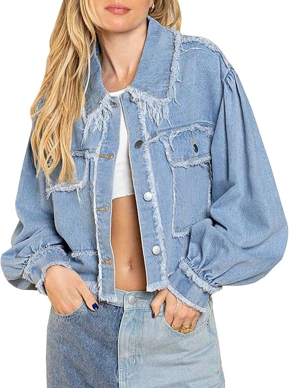 LONGBIDA Women's Jean Jacket Frayed Washed Button Up Cropped Denim Jacket With Pockets | Amazon (US)