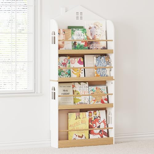 UTEX Kids Bookshelf, 4-Tier House-Shaped Bookcase with Guardrails, White | Amazon (US)