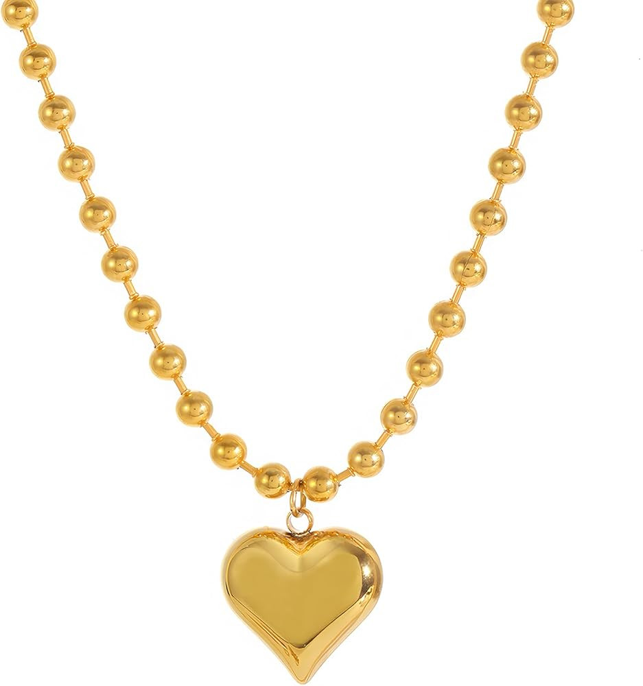 Chunky Statement Heart Ball Beaded Necklace for Women Big Love Hearts Pendent Choker Round Beads ... | Amazon (US)