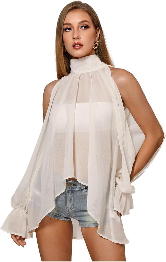 OYOANGLE Women's Sheer Split Bishop Sleeve Flowy Chiffon Blouse Mock Neck Tie Back Dressy Going O... | Amazon (US)