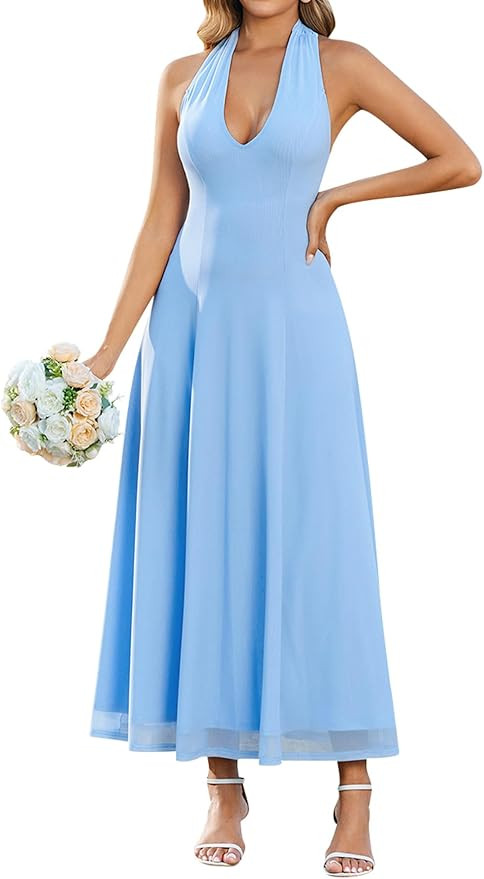 EYNMIN Summer Wedding Guest Dress Halter V Neck Flowy A Line Mesh Elegant Floral Maxi Long Formal... | Amazon (US)