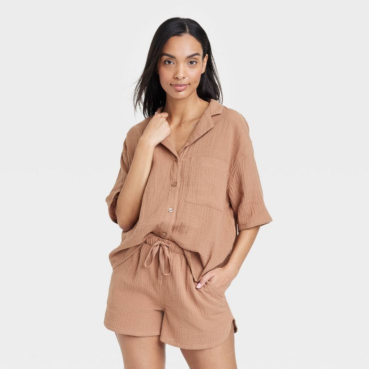 Women's 100% Cotton Gauze Short Sleeve Notch Collar Top - Stars Above™ | Target