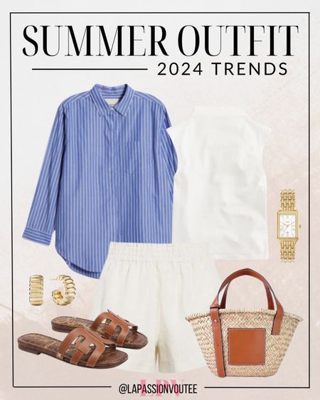 Step into summer with effortless style! Embrace the charm of a button-down striped shirt paired with breezy linen shorts and a casual tank top. Add flair with hoop earrings, a sleek watch, and a chic basket tote bag. Complete the look with comfy slide sandals for a laid-back vibe. ☀️👕🩳👜

#LTKstyletip #LTKfindsunder100 #LTKSeasonal