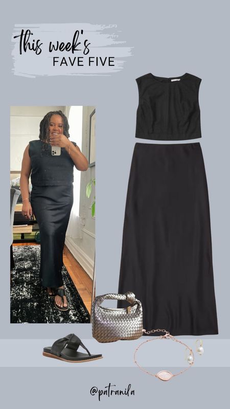 Fall transition outfit, midsize style. Dinner with the girls on a Monday night 😋 I love the fit and feel of this satin slip skirt from Abercrombie & Fitch. Wearing XL top and bottom. 

Anthropologie purse, Bottega bag, black maxi skirt, cropped top #ltkunder100 #ltkunder50 #ltkover40 

#LTKstyletip #LTKSeasonal #LTKmidsize