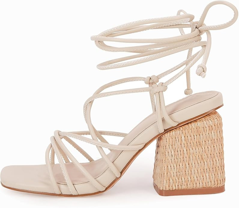 PiePieBuy Women's Lace Up Chunky Braided Heel Sandals Square Toe Strappy Ankle Strap Heels | Amazon (US)