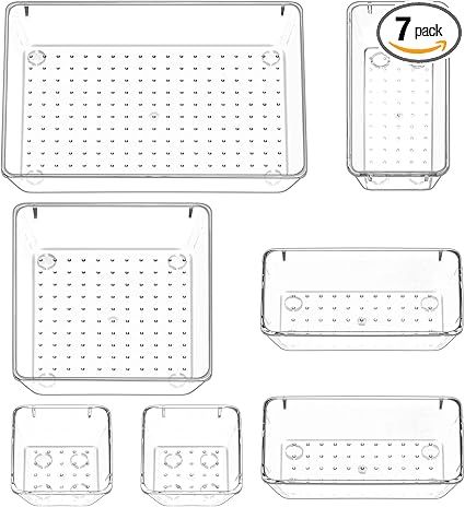 Puricon 7 Pcs Desk Drawer Organizers Trays Set Clear Plastic Storage Bins Bathroom Drawer Tray Di... | Amazon (US)