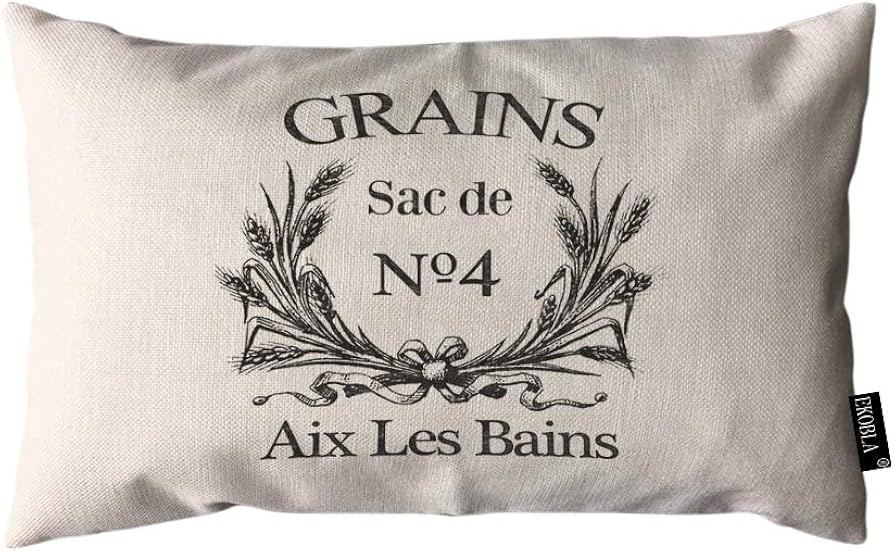 EKOBLA Throw Pillow Cover Grains Aix Les Bains Hand Drawn Letter Rustic Farm Wheat French Sack Bu... | Amazon (US)