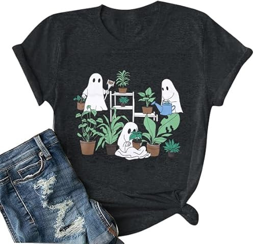 Halloween Ghost Shirt Women Plant Ghost Graphic Tshirt Funny Spooky Plant Lover T-Shirt Gardening Short Sleeve Tee Top Gray | Amazon (US)