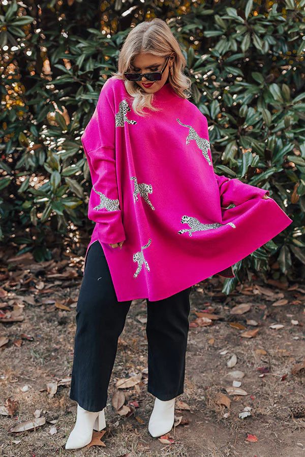 Cozy And Kind Cheetah Sweater In Hot Pink Curves | Impressions Online Boutique