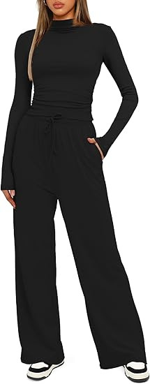 Darong Women's 2 Piece Outfits Lounge Sets Long Sleeve Mock Neck Tops High Wasited Wide Leg Pants... | Amazon (US)
