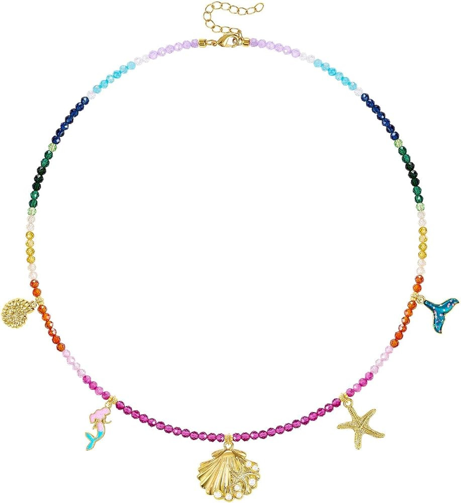 KissYan Beaded Charm Necklace for Women, Pendant Necklace with Beach Shell Star Starfish Bow Conc... | Amazon (US)