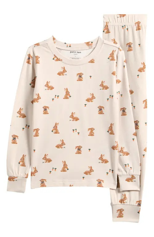 Petit Lem Kids' Bunny Print Fitted Two-Piece Pajamas in Beige at Nordstrom, Size 4T | Nordstrom