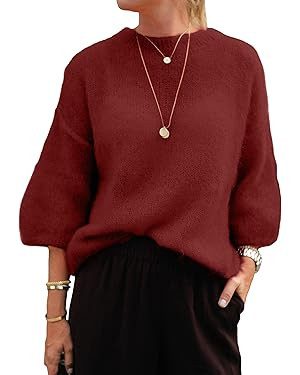 Hoonjie Womens 3/4 Length Sleeve Sweater Casual Loose Crew Neck Drop Shoulder Knitted Solid Jumpe... | Amazon (US)