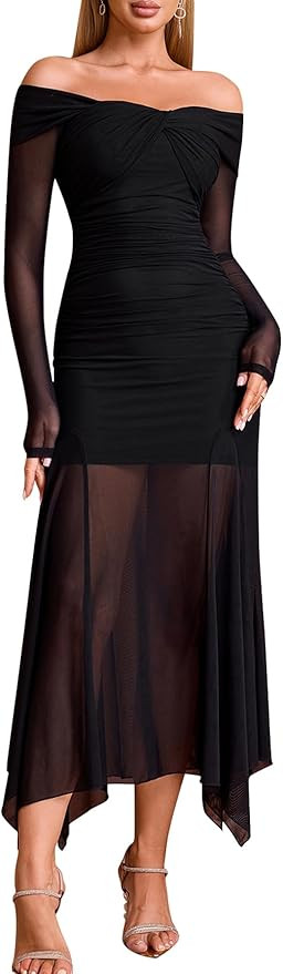 EYNMIN Women's Off The Shoulder Maxi Dress Long Sleeve Ruched Bodycon Asymmetrical Mesh Formal Fa... | Amazon (US)