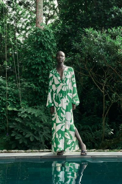 Balloon-sleeved Dress - Green/floral - Ladies | H&M US | H&M (US + CA)