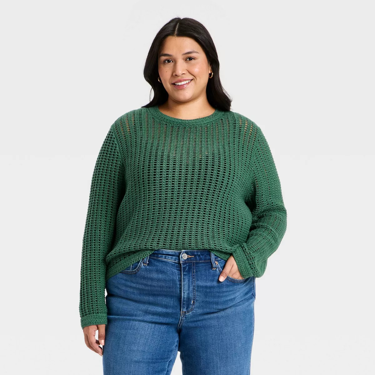 Women's Crochet Openwork Crewneck Pullover Sweater - Universal Thread™ Green 1X | Target