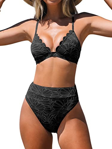 CUPSHE Bikini Set for Women Bathing Suit High Waisted Scalloped V Neck Two Pieces Swimsuit, XS Black | Amazon (US)
