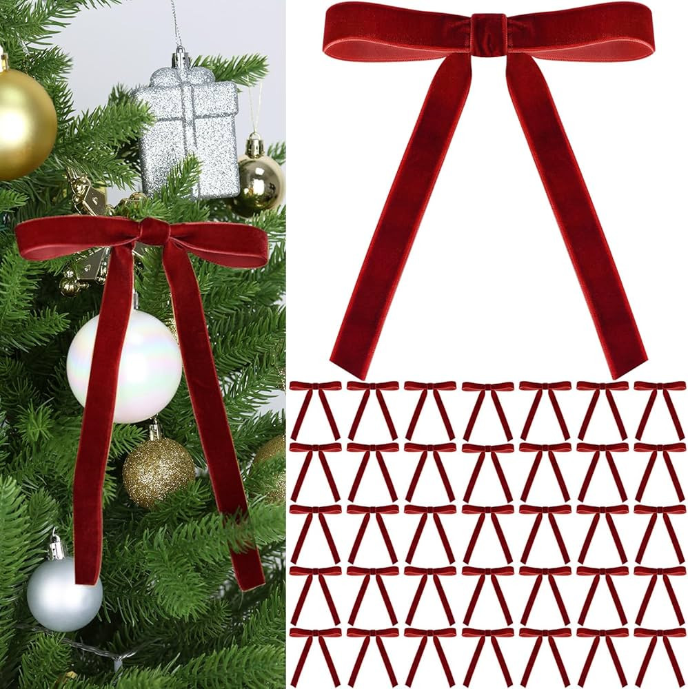 Velvet Christmas Ornaments Bows for Christmas Tree 36 PCS Christmas Xmas Decorations Velvet Ribbon Bows Vintage Decor Neutral Christmas Ornaments for Home Indoor Decor | Amazon (US)