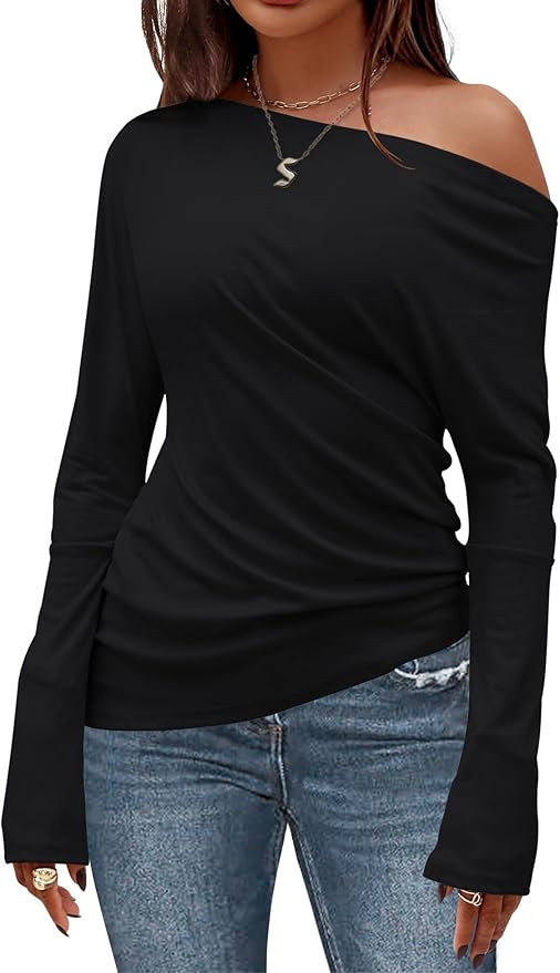 Women's Asymmetrical Long Sleeve Top Trendy Sexy Off Shoulder Top T-shirt 2024 Casual Loose Solid... | Amazon (US)