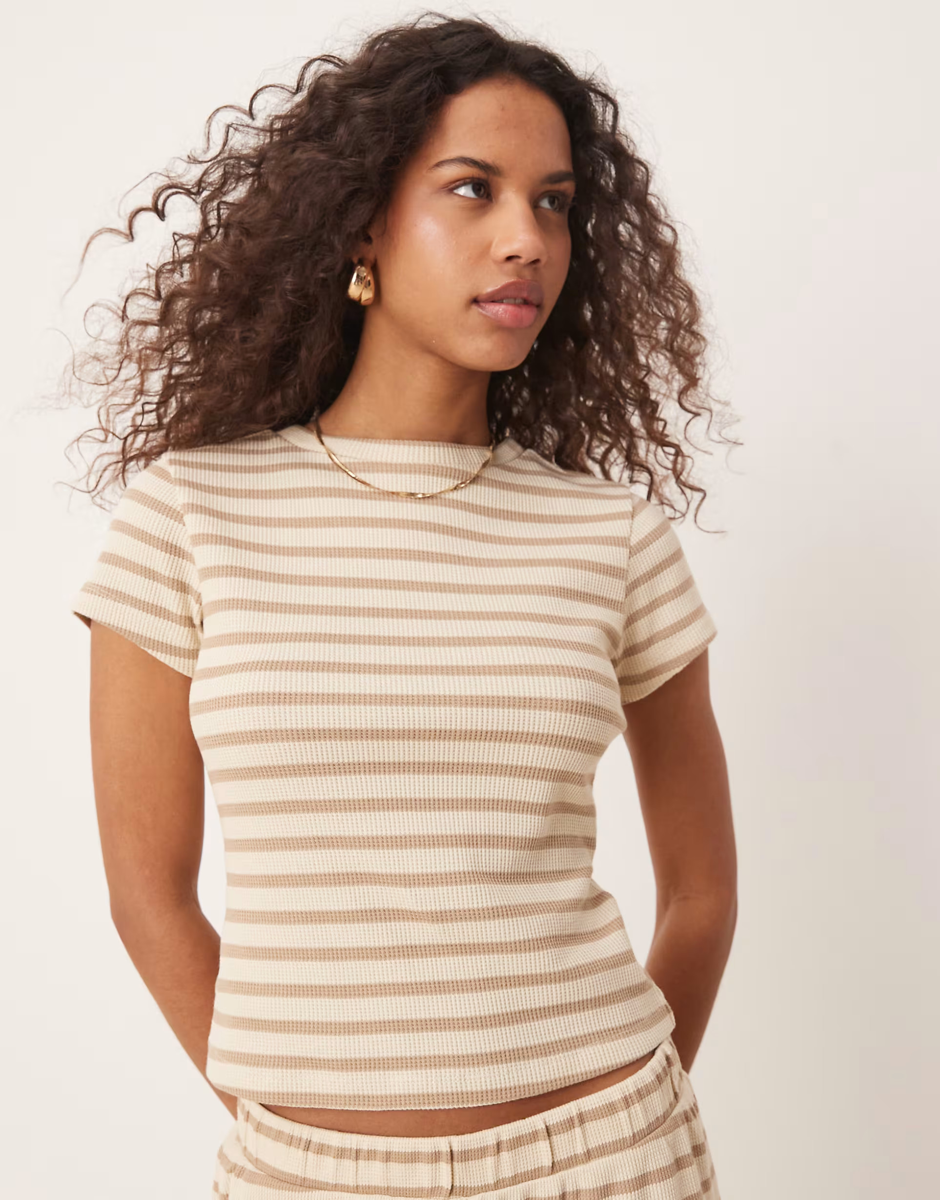 ASOS DESIGN waffle baby tee co-ord in neutral stripe | ASOS (Global)
