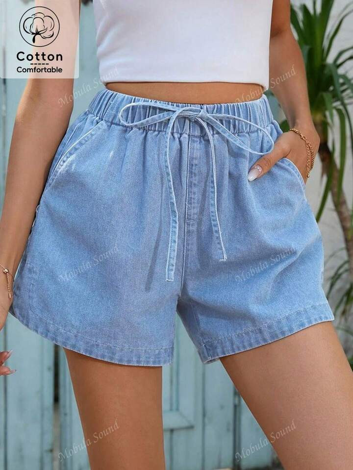 Blue Elasicated Waist Shorts | SHEIN