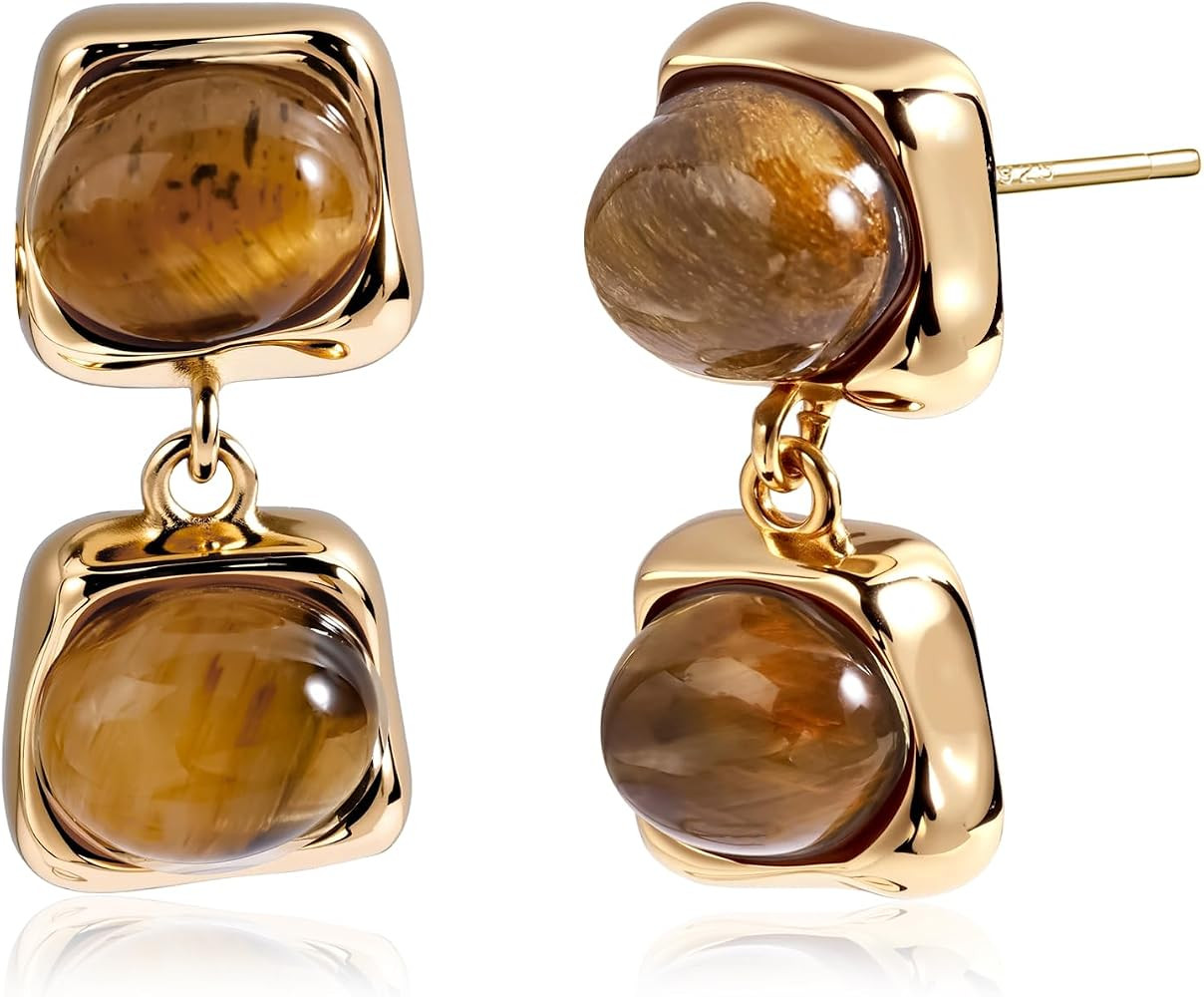 Vintage 14k Gold Plated Dangle Earrings for Women, Tiger Eye Drop Earrings Jewelry for Women | Amazon (US)
