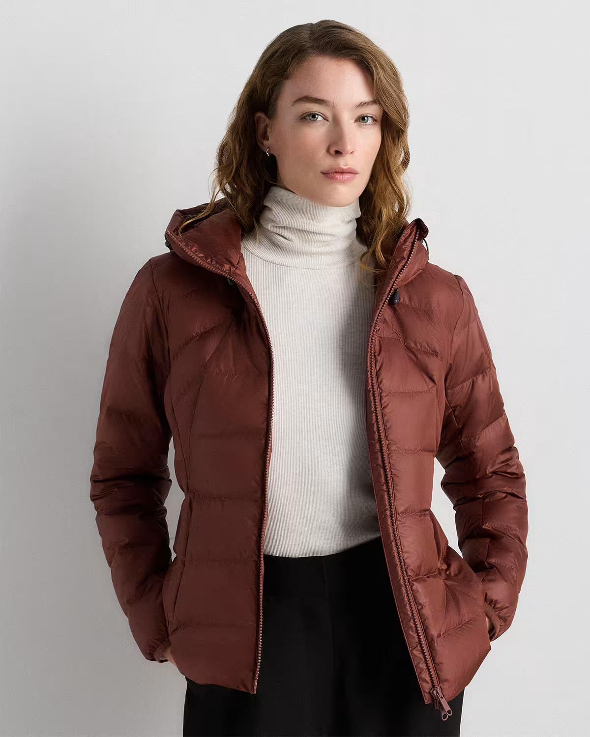 Lightweight Down Packable Puffer Hooded Jacket in Redwood Brown | Quince
