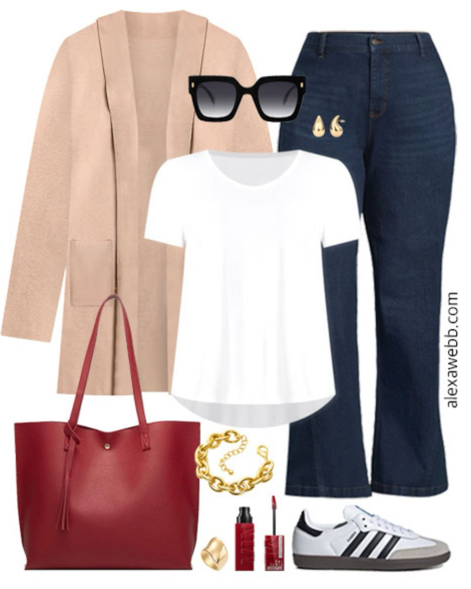 Plus Size Teacher Outfits 2024 - Part 1 - A plus size business casual outfit for teachers heading back to school this fall. A plus size camel cardigan, t-shirt, trouser jeans, sneakers, and a red tote bag. Alexa Webb

#LTKPlusSize #LTKStyleTip #LTKSeasonal