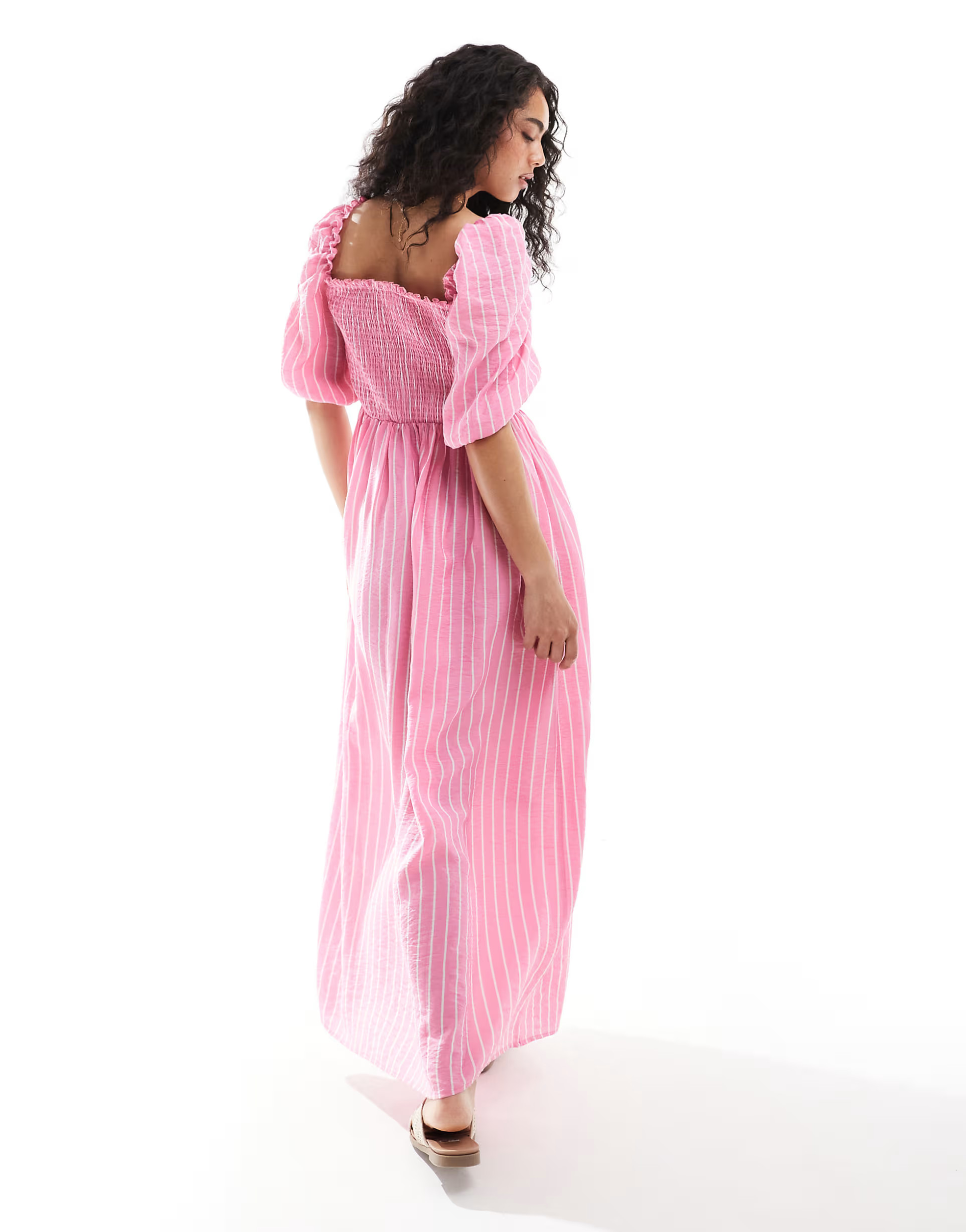 ASOS DESIGN puff sleeve shirred midi dress in pink stripe | ASOS (Global)