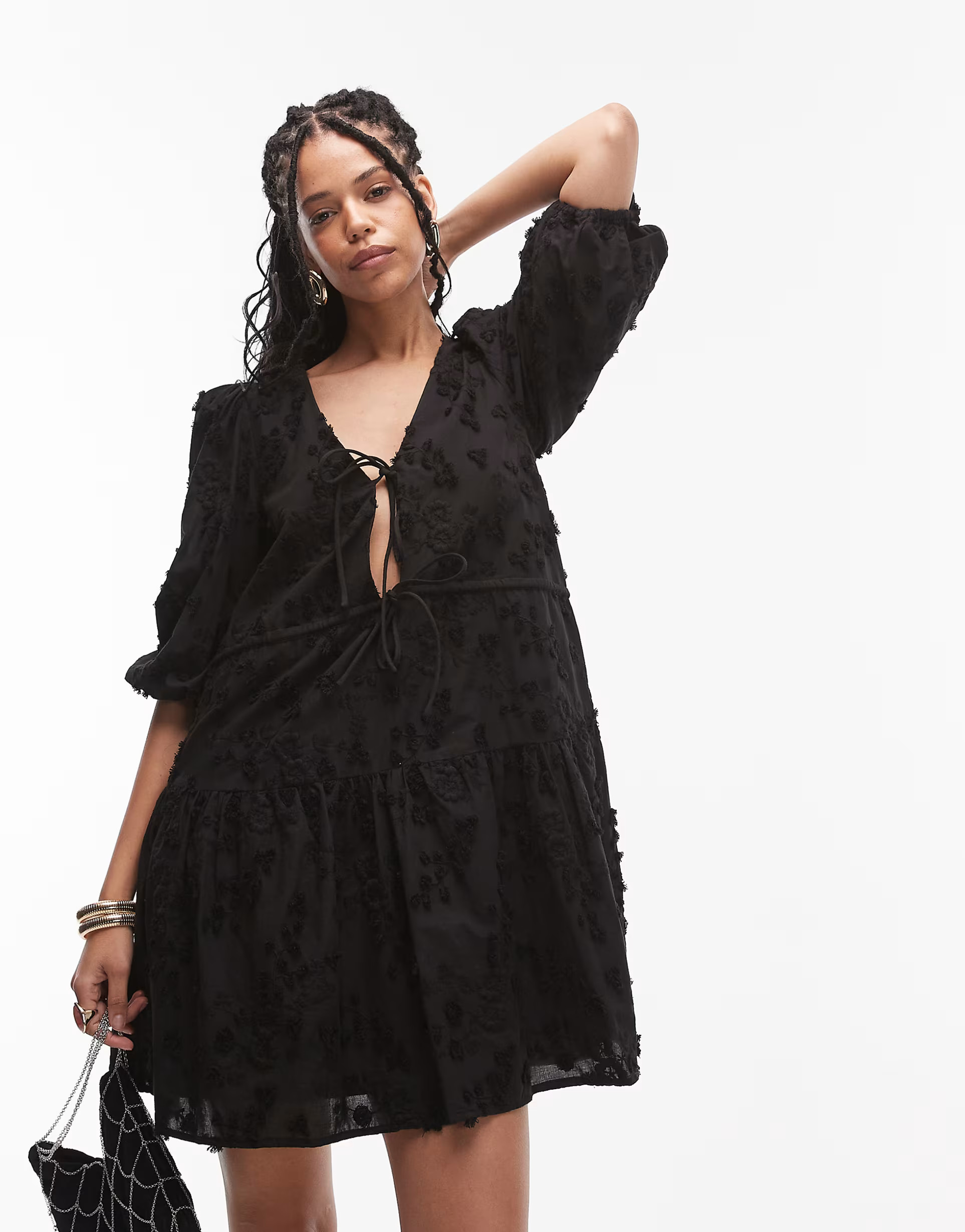 & Other Stories embroidered mini dress with front tie detail and tiered hem in black | ASOS (Global)