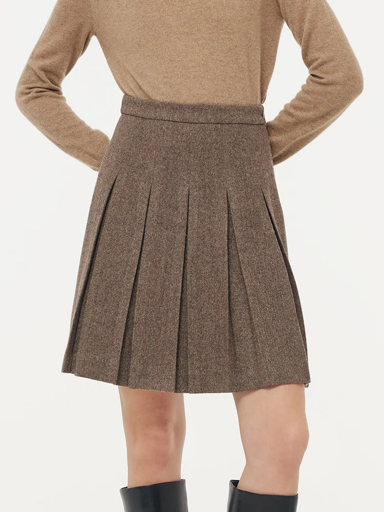 100% Washable Wool Women Front Pleated Mini Skirt | GOELIA