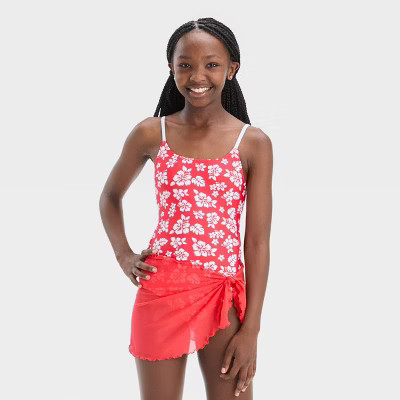 Girls' 'Hawaiian Retreat with Sarong' Swimwear Set - art class™ Red | Target