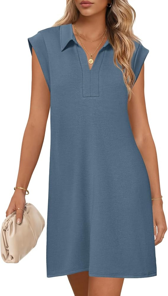 MEROKEETY Women's 2025 Summer Short Sleeve Mini Dress Casual Collared V Neck Loose T Shirt Dresse... | Amazon (US)