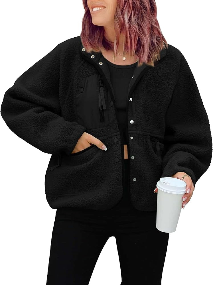 Womens Fuzzy Fleece Jacket Button Down Long Sleeve Sherpa Coats Sweatshirt Casual Winter Warm Out... | Amazon (CA)