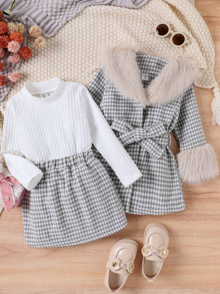 Young Girl Houndstooth Print Fuzzy Trim Coat & Skirt & Tee | SHEIN