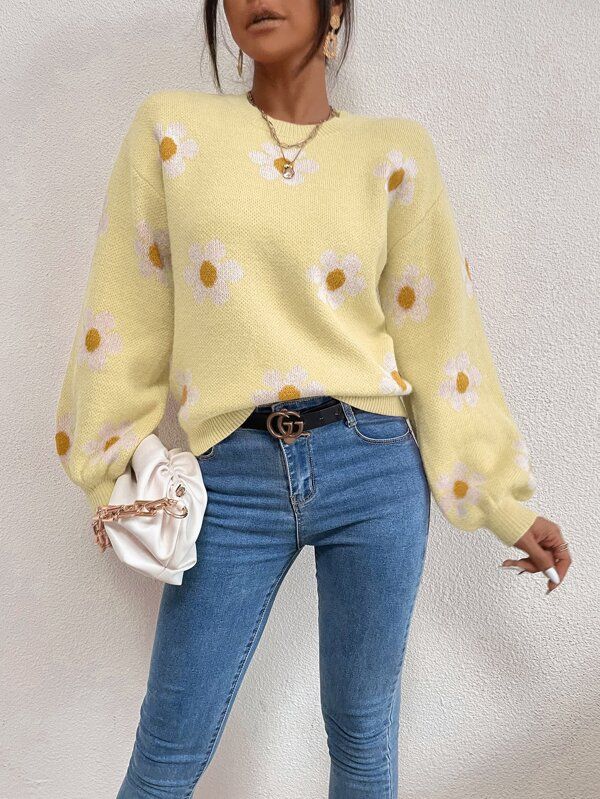 Floral Pattern Drop Shoulder Sweater | SHEIN