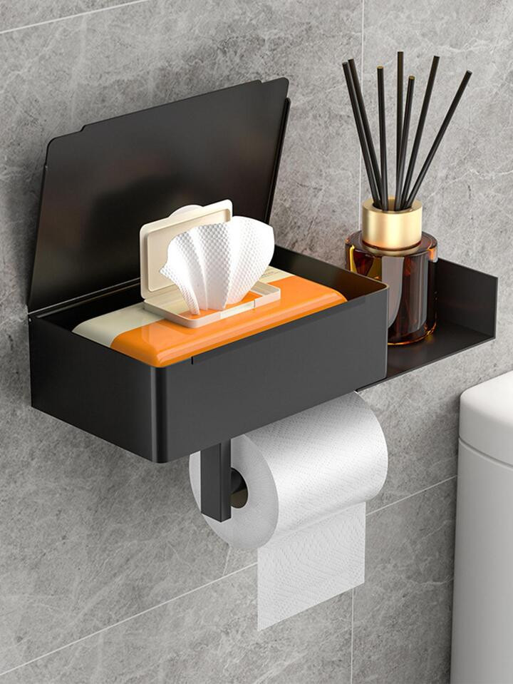 1pc Simple Black Wall Mounted Toilet Paper Holder, Stainless Steel Multifunction Cell Phone Holder For Bathroom Bathroom Decor Summer | SHEIN