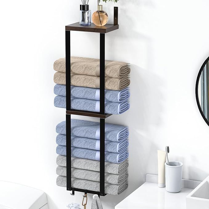 Bathroom Towel Storage Rack, Towel Racks for Bathroom Wall Mounted with Wooden Shelves and 3 Hook... | Amazon (US)