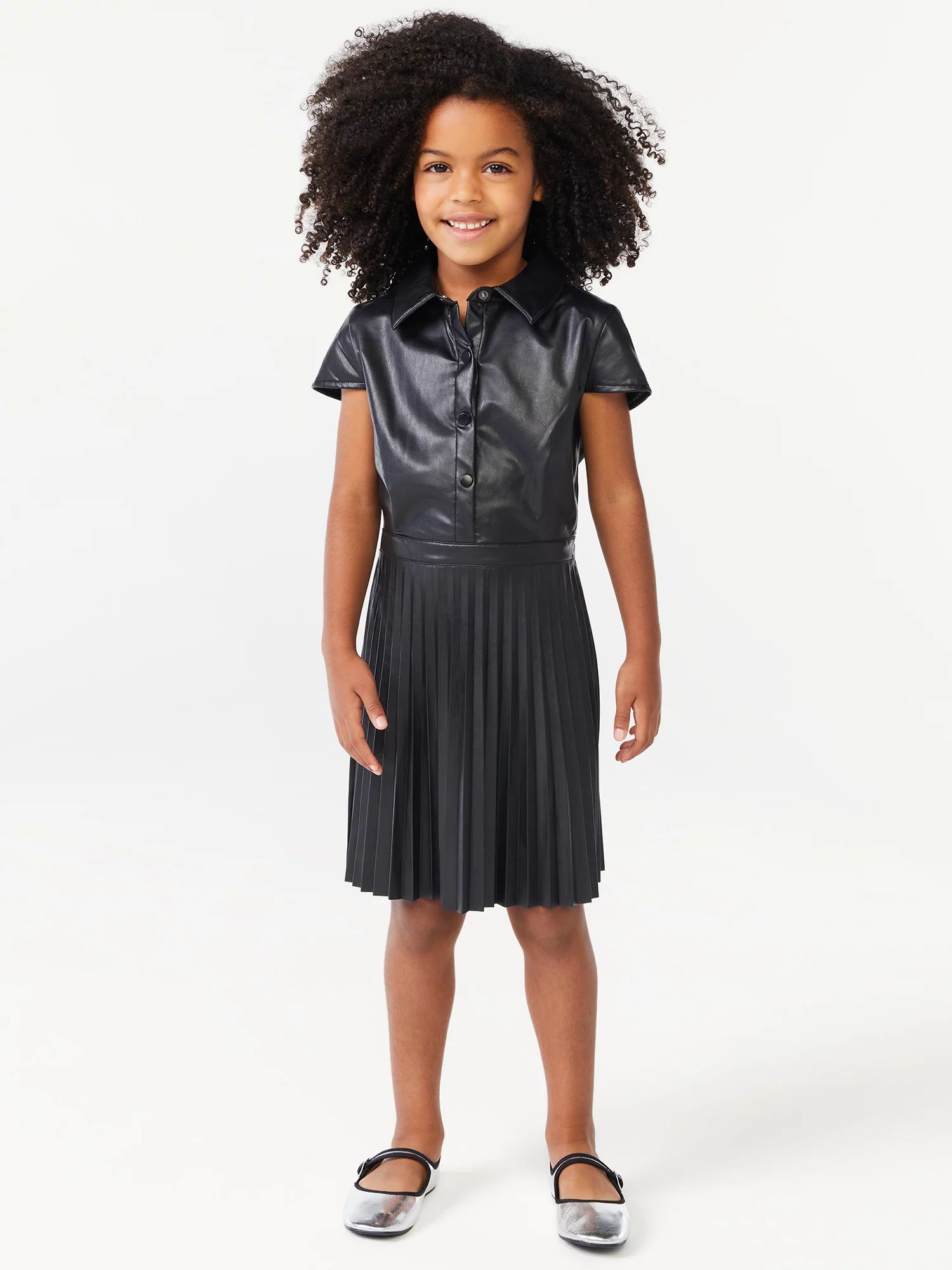 Scoop Girls Short Sleeve Pleated Faux Leather Dress, Sizes 4-12 - Walmart.com | Walmart (US)