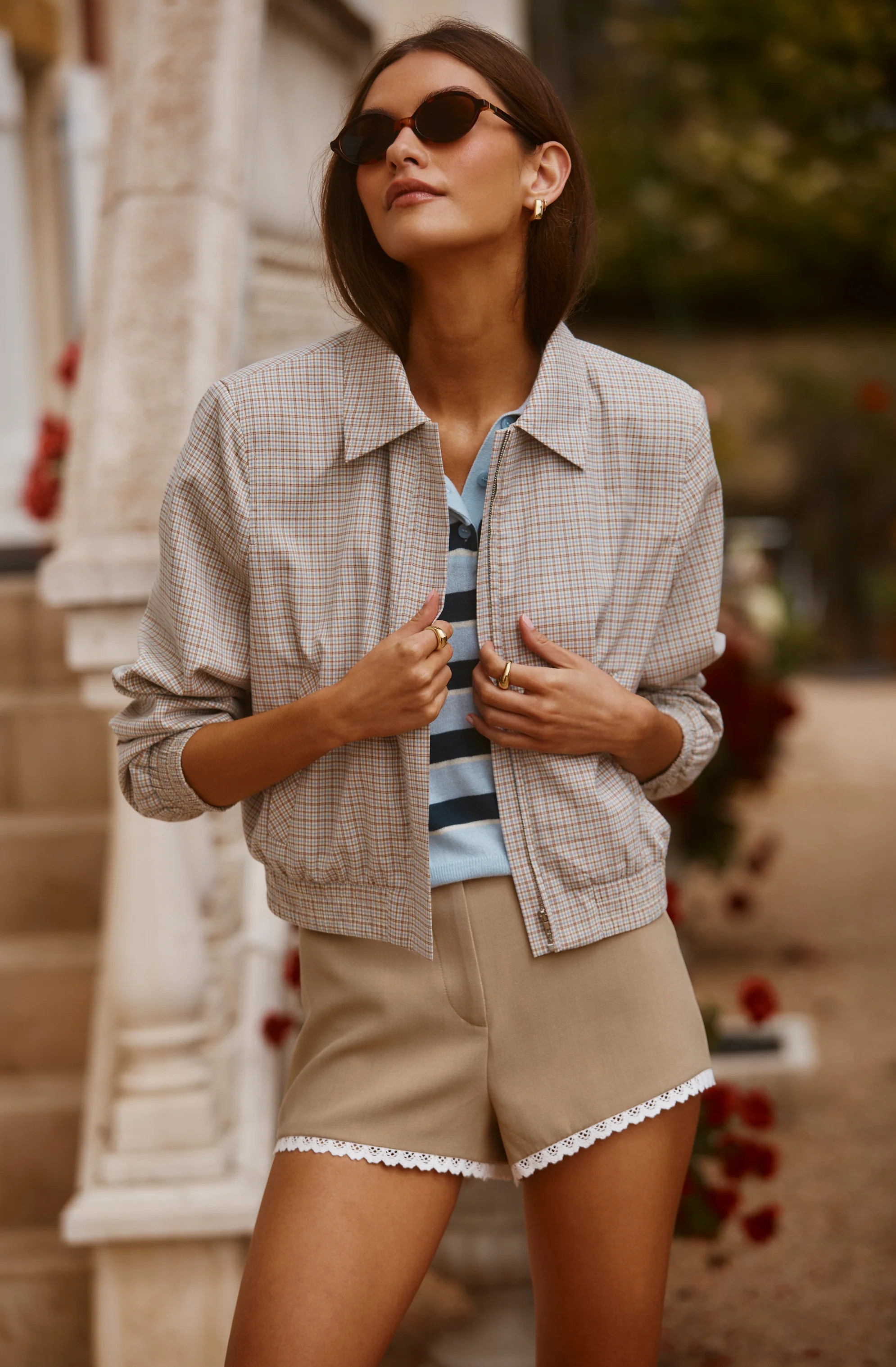 ASTR the Label | Reid Plaid Elastic Hem Jacket in Brown blue plaid | Size S | ASTR The Label (US)