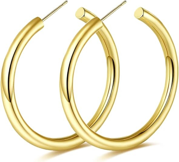 Gold Hoop Earrings Lightweight Chunky Open Hoops High Polished Thick Tube Hypoallergenic Gold Loo... | Amazon (US)