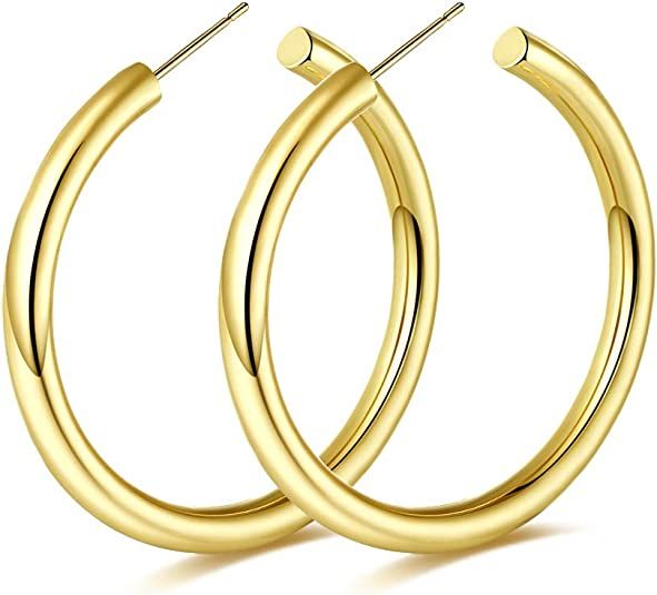 Gold Hoop Earrings Lightweight Chunky Open Hoops High Polished Thick Tube Hypoallergenic Gold Loo... | Amazon (US)