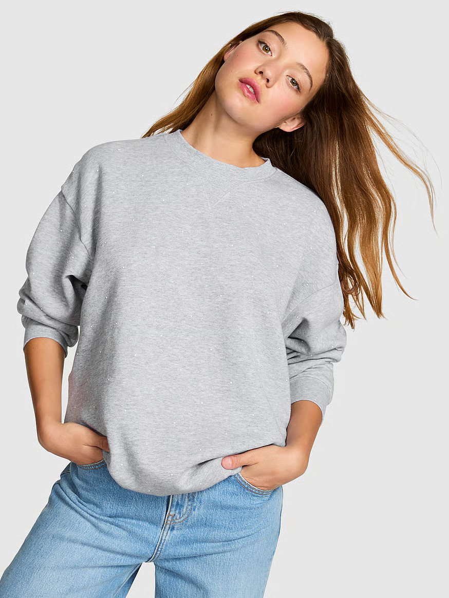 Buy Ivy Fleece Oversized Crew Sweatshirt, Heather Grey Pearls Pretty In Pink - Order Hoodies & Sw... | Victoria's Secret (US / CA )